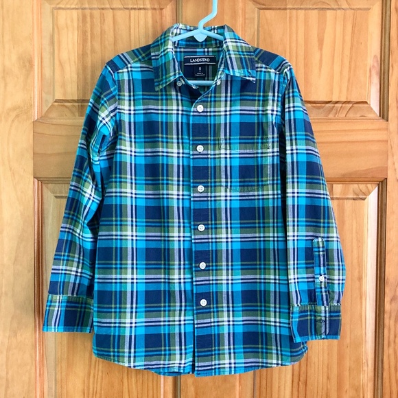 Boy’s size 8 Lands’ End blue and green plaid long sleeved button up dress shirt - Picture 1 of 5